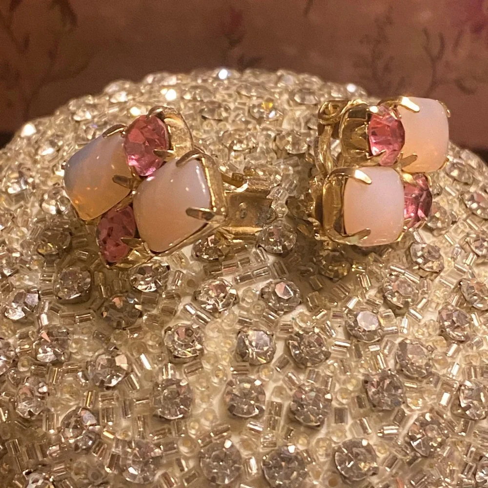MCM clip on pink givre glass stones paired with pink faceted rhinestones